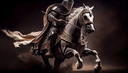 Knight riding a horse with dark background, generative ai