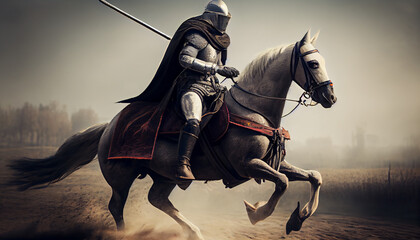 Knight riding a horse with dark background, generative ai