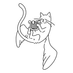 Beautifully detailed black and white vector illustration of a cat playing a lyre, with two angelic wings. Vector isolated animal for stickers, emoji, decor, cards, patterns. Stylized pet