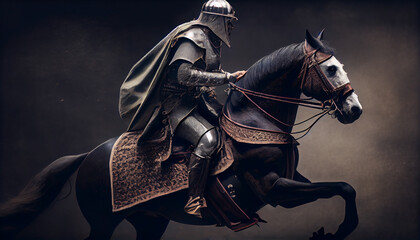 Fototapeta na wymiar Knight riding a horse with dark background, generative ai