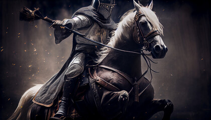 Fototapeta na wymiar Knight riding a horse with dark background, generative ai