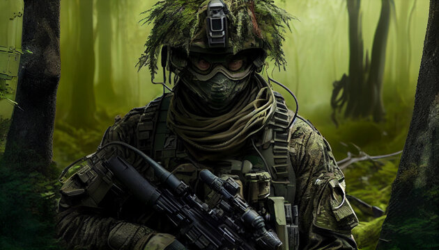 Infantry soldier camouflage forest military army, generative ai