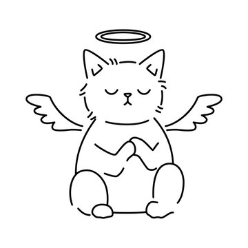 Heavenly and serene black and white vector illustration of a praying cat with angel wings and a halo. Vector isolated animal for stickers, emoji, decor, cards, patterns. Stylized pet
