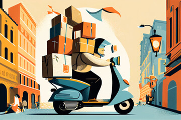Delivery Boy Ride Scooter Motorcycle Service, Order, Worldwide Shipping, Fast and Free Transport. Generative AI