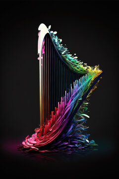 a cool modern art illustration of a harp with neon lights, generative ai technology
