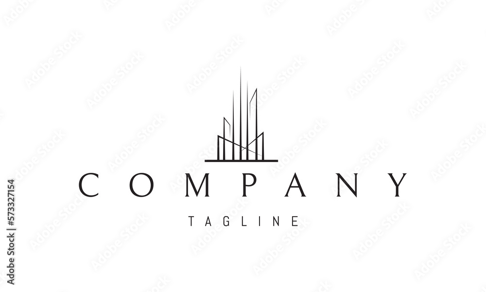 Wall mural vector logo on which an abstract image of skyscrapers composed of rays of light shining upwards.