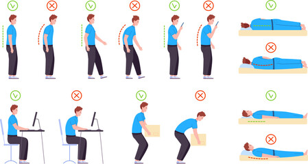 Ergonomic spine postures. Proper and wrong body positions infographic, good or bad stand sit poses back neck on office computer work, healthy posture splendid vector illustration