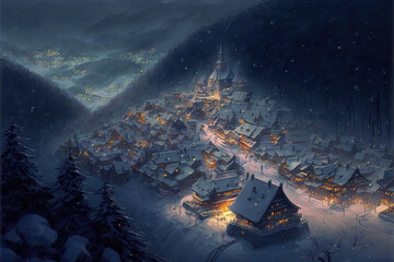 a wonderful winter inspired night landscape scene with a lot of shining lamps, medieval time, generative ai technology