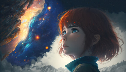 an anime girl watching the wonderful universe inspired sky, a lot of stars, generative ai technology
