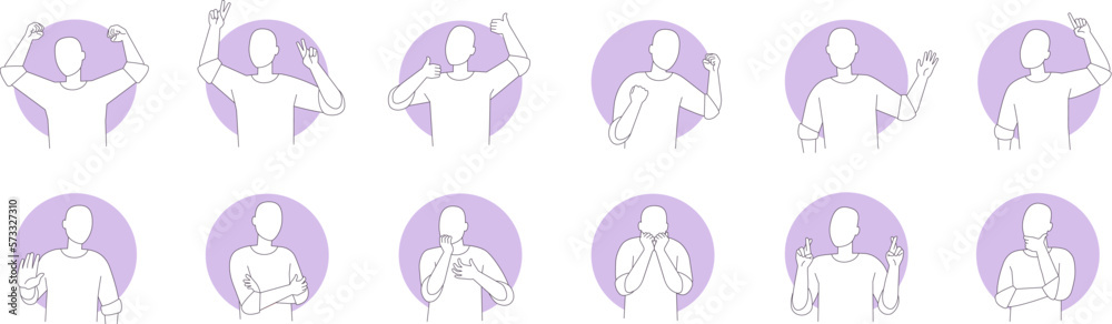 Wall mural basic body language. people action posture, man simple poses pictogram human thinking gesture pointi