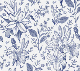 Obraz premium Seamless pattern Lily Lilia wildflowers set. Beautiful blooming realistic isolated flowers. Vintage retro background fabric. Wallpaper baroque. Drawing engraving sketch. Vector victorian illustration