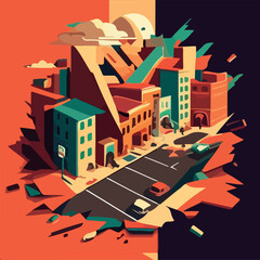 Broken city for earthquake flat-style vector illustration