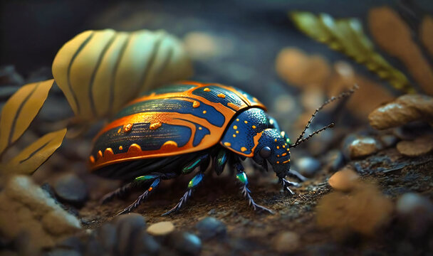 The tiny details on a beetle's shell as it scurries across the forest floor