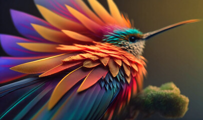 The bright colors of a hummingbird's feathers as it hovers near a flower