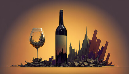 alcohol can destroy your world, a broken city behind the winebottle, generative ai technology