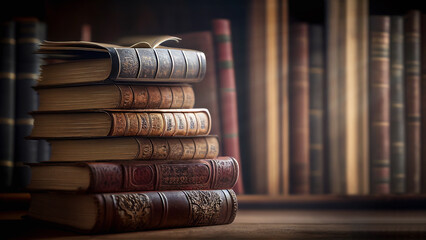 Banner or header image with stack of antique leather books in library. literature or reading concept. Partially Generative AI. - obrazy, fototapety, plakaty