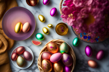 Easter Eggstravaganza: A Plate of Vibrant and Colorful Hand-Painted Eggs - AI Generated