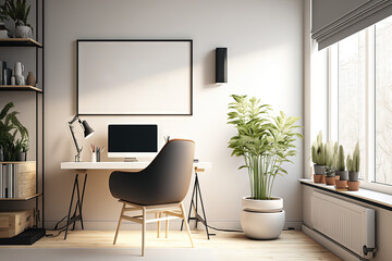 Mockup of wall poster frame on the working room, with modern contemporary minimalist style interior, natural warm light, generative AI. suitable for place your desgin product