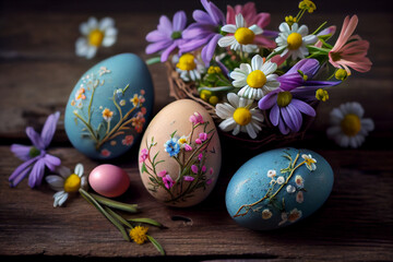Obraz na płótnie Canvas Easter eggs in the wooden basket, decorated with spring flowers, Easter Eggs card, Generative AI
