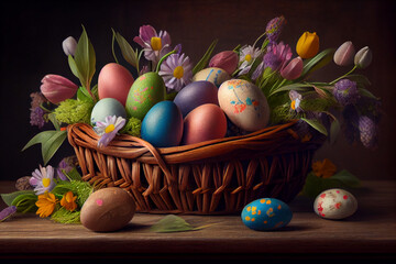 Easter eggs in the wooden basket, decorated with spring flowers, Easter Eggs card, Generative AI