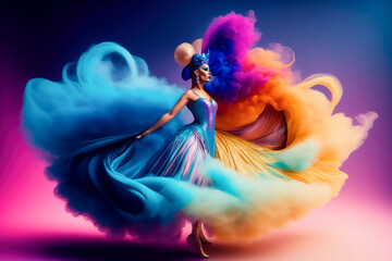 Girl dancer in a fantasy dance with a multicolored fabric flying around her. Woman dancing with an imaginative and glamorous silk and ink dress that flutters around her. Generative ai - obrazy, fototapety, plakaty