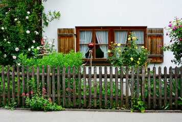 wiejski dom za drewnianym płotem, okna z drewnianymi okiennicami, róże w wiejskim ogródku,...