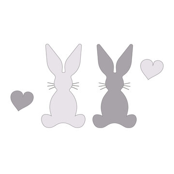 Bunnies silhouettes. Gray rabbits outline. Vector image hares heart in doodle style. Grayscale icon.