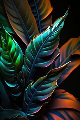 Neon background of tropical leaves, neon tropical background, illustration of botanical texture, plant background, manstera. generative ai	