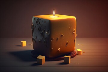 Festive yellow cake with burning candle close-up, minimalism, sweet dessert, March 8, generative ai
