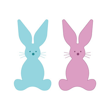 Bunnies silhouettes. Blue and pink outline. Vector image of rabbits, hares, heart in doodle style.