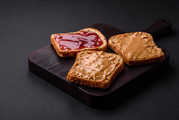 Nutritious sandwiches consisting of bread, raspberry jam and peanut butter