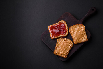 Nutritious sandwiches consisting of bread, raspberry jam and peanut butter