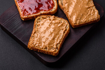 Nutritious sandwiches consisting of bread, raspberry jam and peanut butter