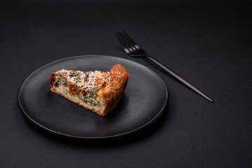 Delicious quiche with chicken, cheese, herbs, spices and herbs