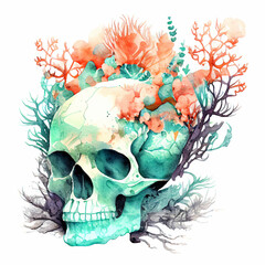 Human skull and coral. Marine concept. Generative AI, illustration painted in a watercolor style