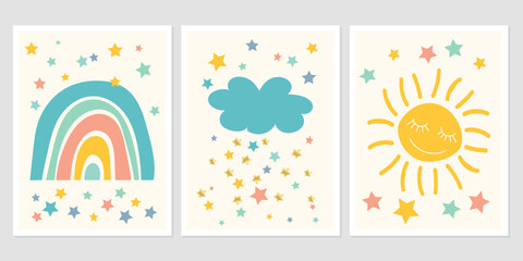 Fototapeta na wymiar Scandinavian style cute posters with rainbow, cloud and sun. Childish drawing for nursery design. Fun doodle rainbow. Hand drawn illustration. Scandinavian nursery design.