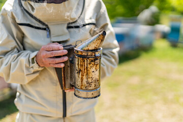 Beekeeping smoker in hands. Honey worker in apiary with smoker