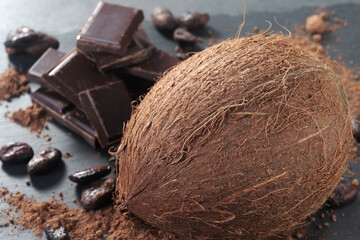 Broken dark chocolate and cocoa beans and coconut on the table