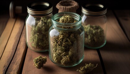 Marijuana buds in glass jars on a wooden table, top view. Generative AI