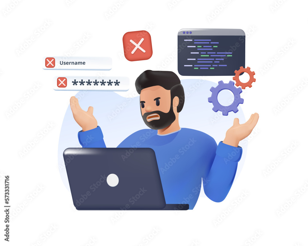 Wall mural software problems isolated 3d realistic cartoon vector illustrations. angry man has problem with com