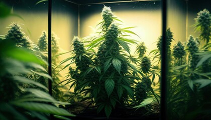 Cannabis cultivation indoor growing, Marijuana plants in grow box. Generative AI