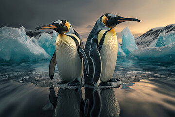 Fototapeta na wymiar Emperor Penguins (Aptenodytes forsteri) on melting iceberg. Photorealistic image created by artificial intelligence