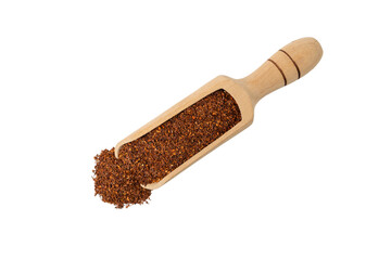 Rooibos tea medium cut in wooden scoop isolated on white background. Rooibos in latin Aspalathus linearis. herb. herbal tea. food ingredient.