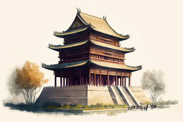 Chinese bell tower and city landmark building. Postproducted generative AI illustration.