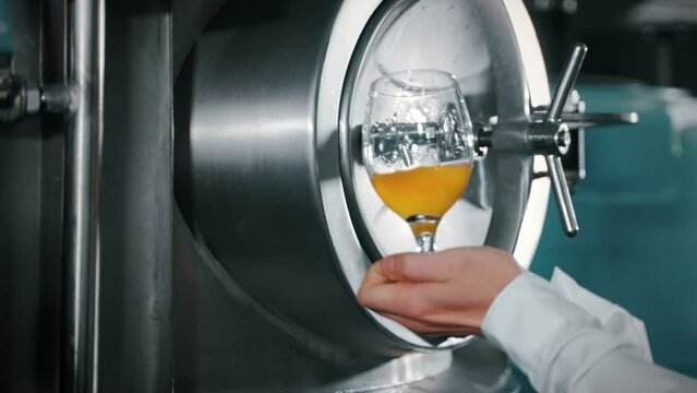 Pouring test portion of beer at brewery