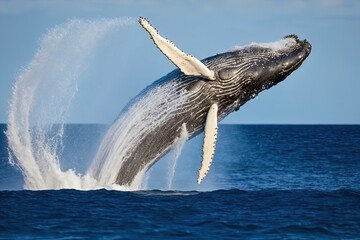 A whale breaching water.  - obrazy, fototapety, plakaty