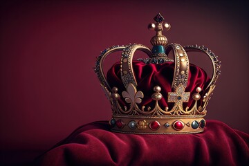 Royal golden crown with jewels on a pillow on a pink-red background, Symbols of UK United Kingdom monarchy. Generative AI - obrazy, fototapety, plakaty