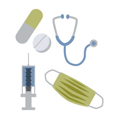 Diverse medical equipment including masks, stethoscopes, syringes, and medication.