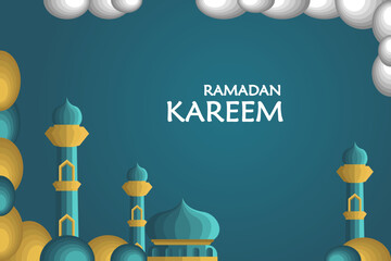 Ramadan Kareem banner featuring an Islamic background with Muslim motifs, mosque lantern, and moon.