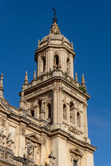 Fototapeta na wymiar Vertical view of one of the towers of the cathedral of Jaen on a sunny day. Renaissance style. Jaen (Spain)